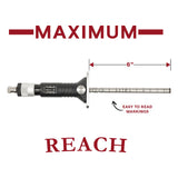 Feature graphic showing the JessEm Wood Sabre II marking gauge's 6-inch maximum reach and easy-to-read markings