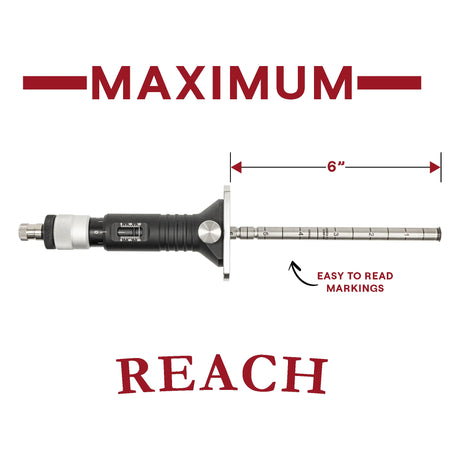 Feature graphic showing the JessEm Wood Sabre II marking gauge's 6-inch maximum reach and easy-to-read markings