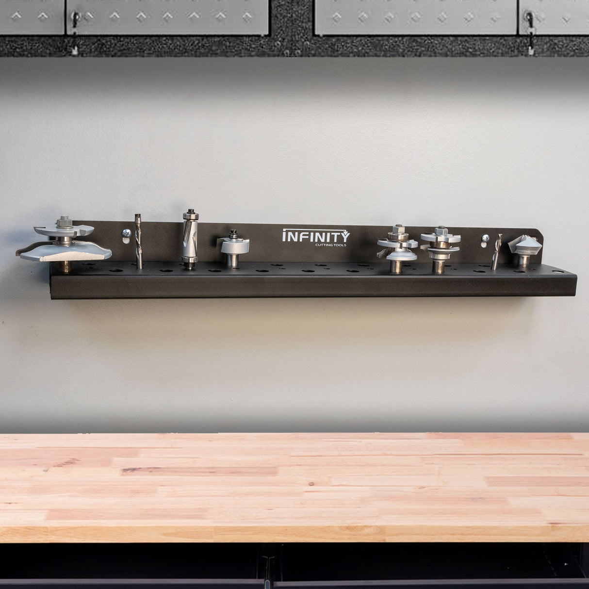Router Bit Tray Mounted On A Workshop Wall