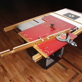 Precision woodworking crosscut sled with miter gauge and adjustable aluminum fence on saw table