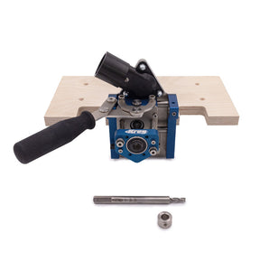 Pocket hole jig with clamp handle, dust port, wood base, drill bit and stop collar