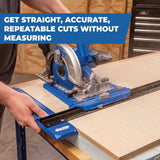 Person using a circular saw with a guide rail on a wooden surface, with text about accurate cuts.
