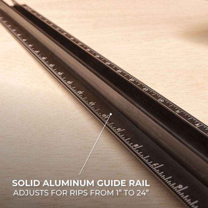 Solid aluminum guide rail with measurement markings on a wooden surface