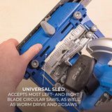 Blue circular saw with a hand holding it, featuring text about its compatibility with various saws.