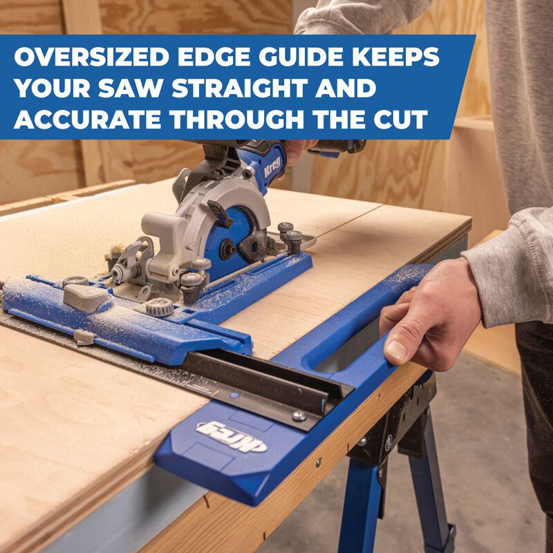 Circular saw with an oversized edge guide on a workbench, with text highlighting its feature.