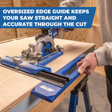 Circular saw with an oversized edge guide on a workbench, with text highlighting its feature.