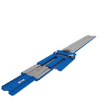 Blue and silver sliding compound miter saw on a white background with a discount text overlay.