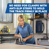 Woman using a circular saw with anti-slip strips in a workshop setting