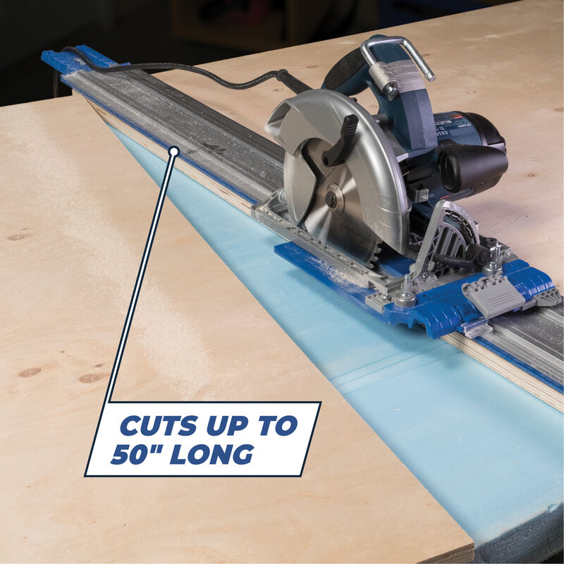 Circular saw with a long track extension on a wooden surface, cutting wood with text indicating maximum length.