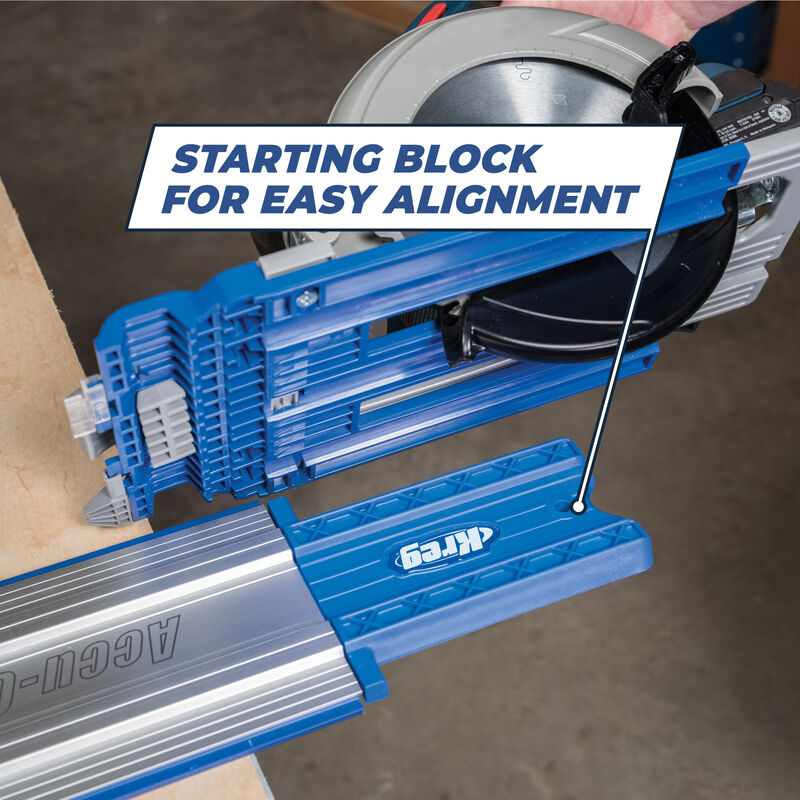 Circular saw with a blue starting block for easy alignment, featuring the brand 'Kreg'.
