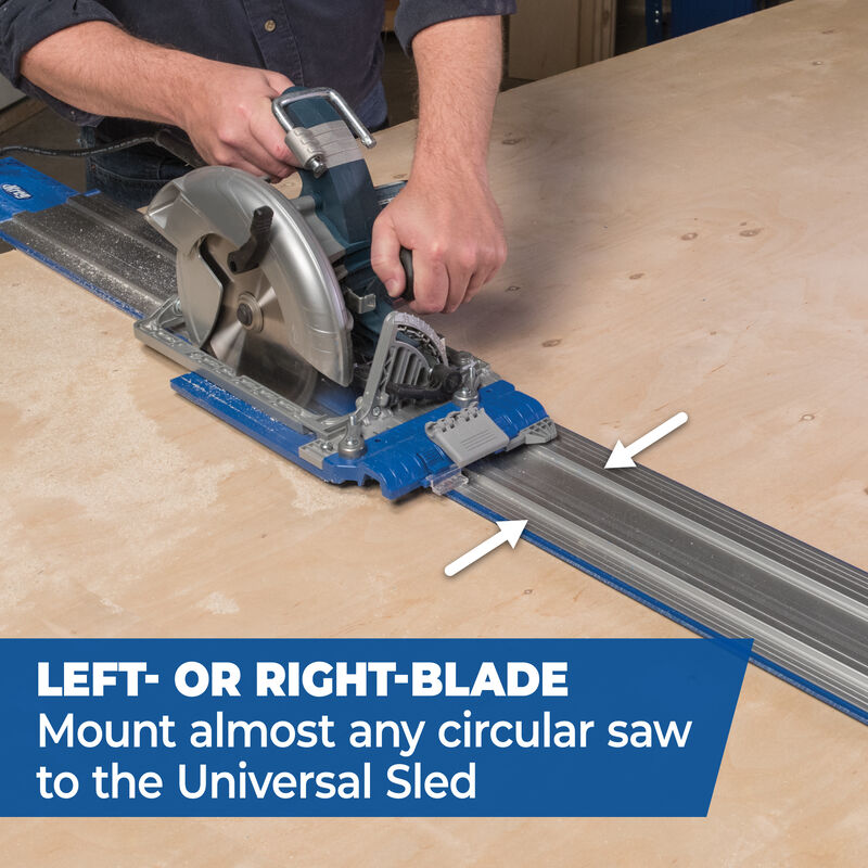 Person using a circular saw on a Universal Sled with text indicating blade orientation.