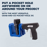 Kreg pocket hole jig tool on a light blue background with promotional text.