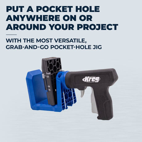 Kreg pocket hole jig tool on a light blue background with promotional text.