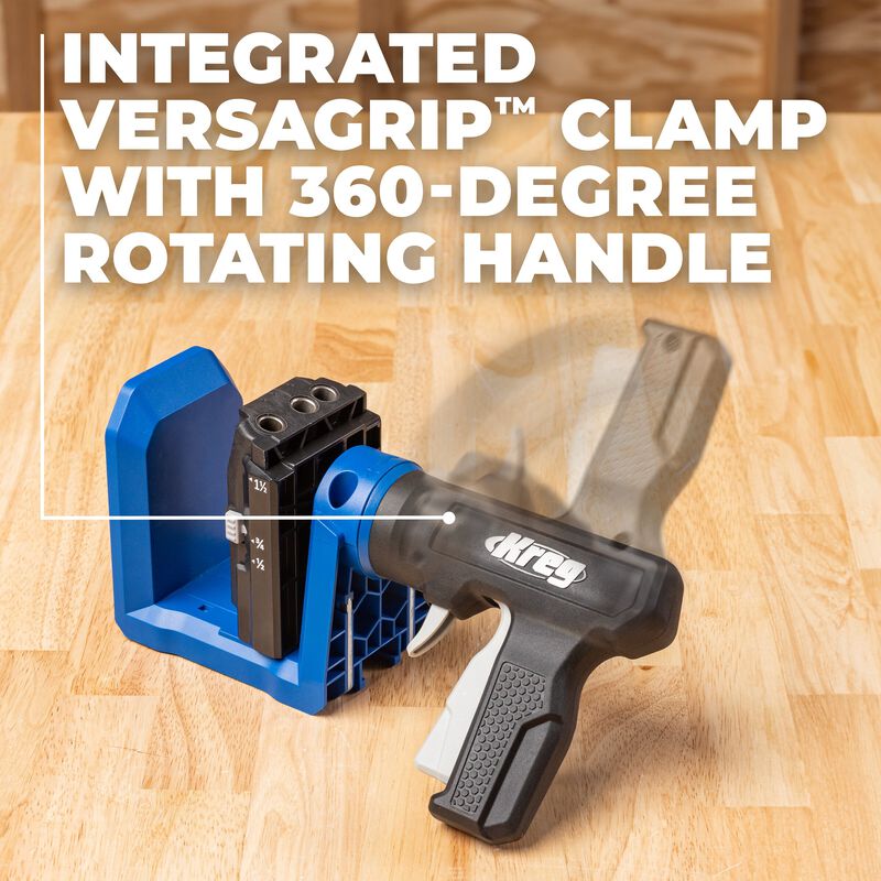 Kreg Integrated Versagrip clamp with 360-degree rotating handle on a wooden surface