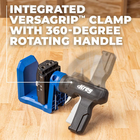 Kreg Integrated Versagrip clamp with 360-degree rotating handle on a wooden surface