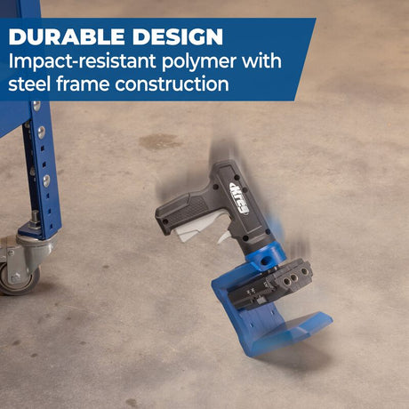 Blue and black tool on a concrete floor with text about durable design.