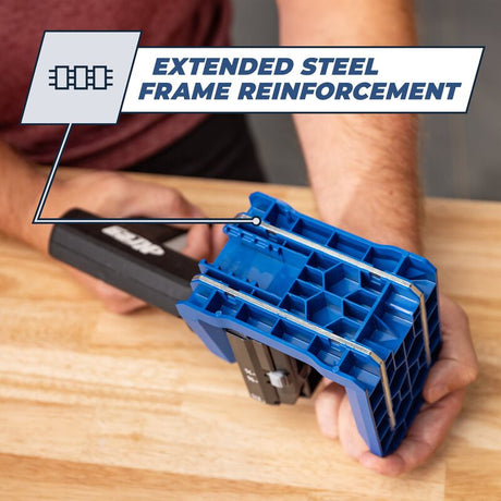 Person using a tool with extended steel frame reinforcement on a wooden surface