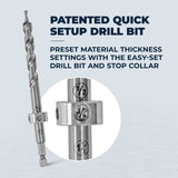 Patented quick setup drill bit with text on a light blue background