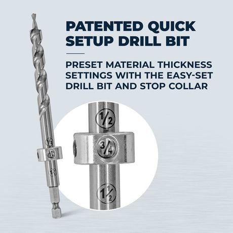Patented quick setup drill bit with text on a light blue background