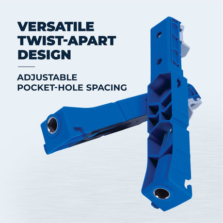 Blue adjustable pocket-hole jig with twist-apart design for woodworking projects