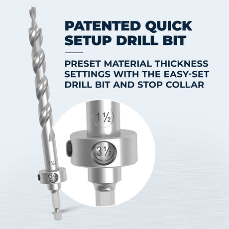 Quick setup drill bit with stop collar showing preset thickness settings for woodworking.