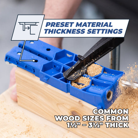 Blue woodworking pocket hole jig with preset material thickness settings in use on wood block.