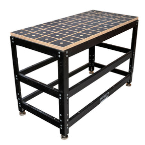 Heavy-duty woodworking workbench with grid-patterned top and steel frame on white background