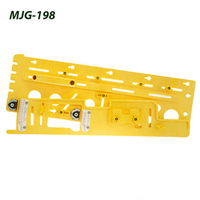 Yellow woodworking router jig with adjustable guides and measurement markings, model MJG-198