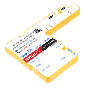 Yellow plastic dado setup gauge for table saws with labeled cutouts and measurement guides