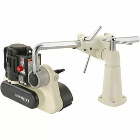 Woodworking power feeder with adjustable arms, motor, and mounting base on white background