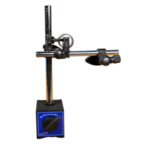 Magnetic dial indicator base holder with adjustable metal arms on white background