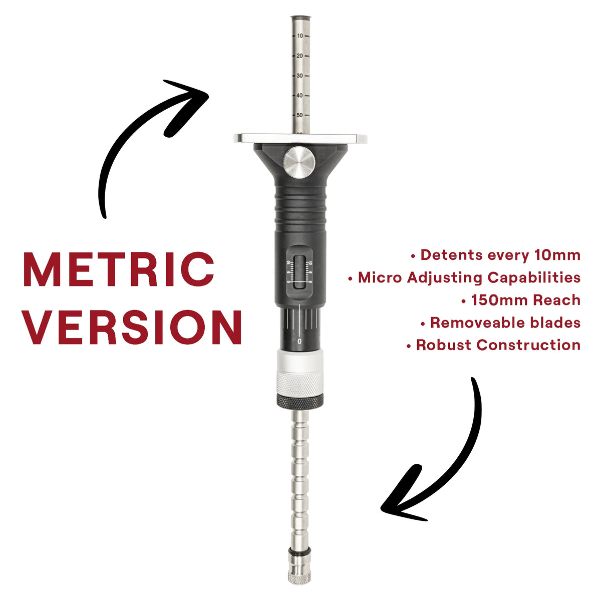 Feature graphic for the metric JessEm Wood Sabre II marking gauge listing its 150mm reach, 10mm detents and micro-adjust features