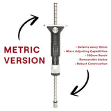 Feature graphic for the metric JessEm Wood Sabre II marking gauge listing its 150mm reach, 10mm detents and micro-adjust features