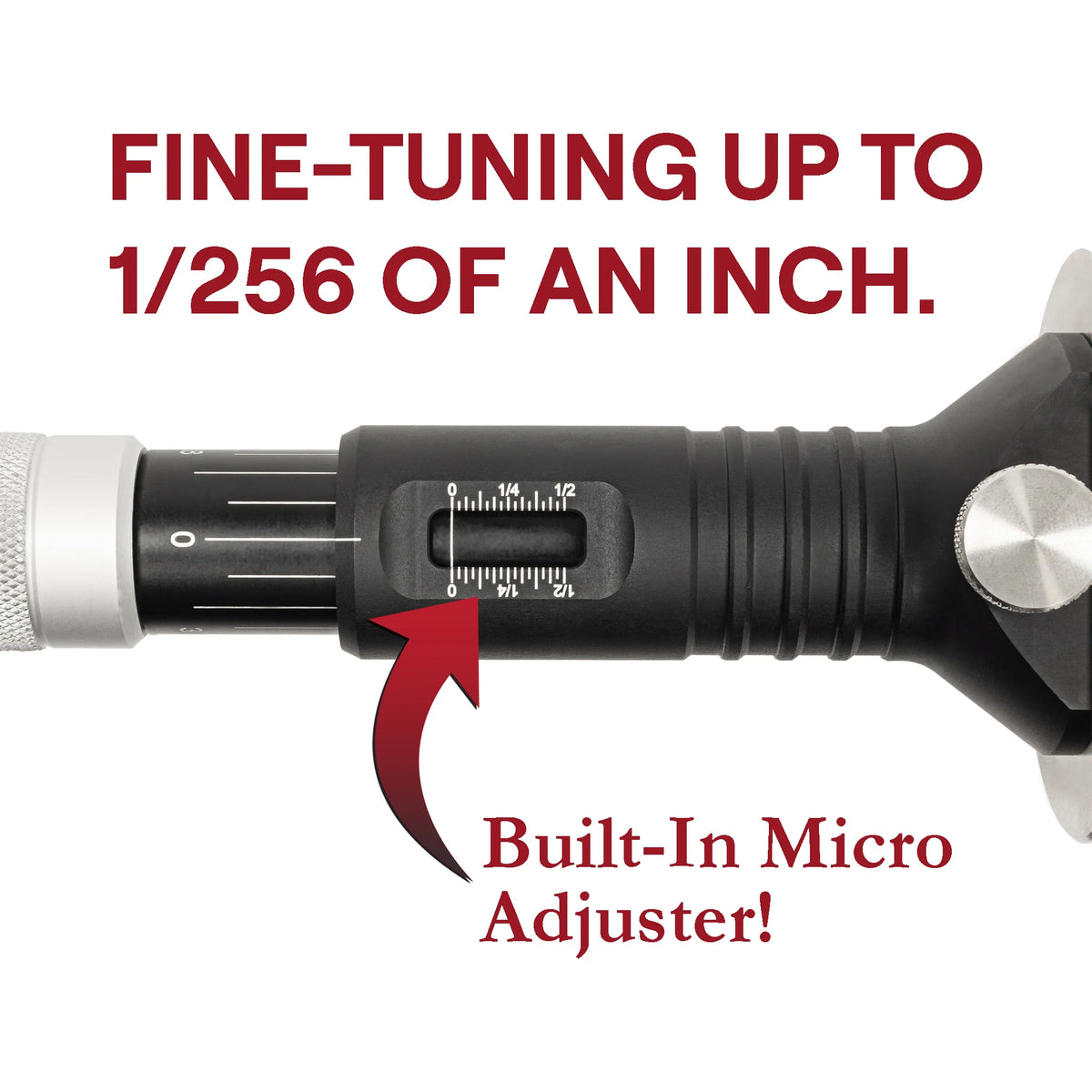 Feature graphic showing the JessEm Wood Sabre II marking gauge's built-in micro-adjuster for fine-tuning to 1/256 of an inch