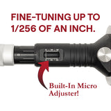 Feature graphic showing the JessEm Wood Sabre II marking gauge's built-in micro-adjuster for fine-tuning to 1/256 of an inch