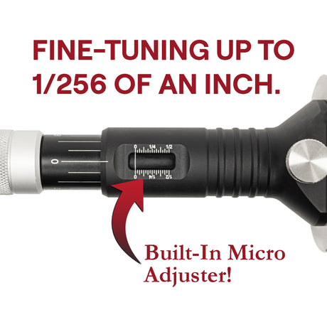 Feature graphic showing the JessEm Wood Sabre II marking gauge's built-in micro-adjuster for fine-tuning to 1/256 of an inch