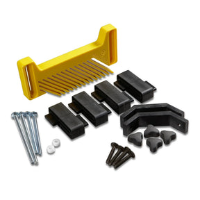 Router table featherboard attachment kit with yellow featherboard, black brackets, and hardware