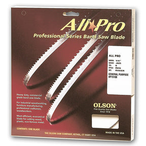 Professional series band saw blade packaging for woodworking, Olson All Pro, 1/4 inch, general purpose.