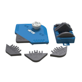 Woodworking jig set with blue plastic guides and black router templates for joinery projects