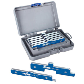 Woodworking setup gauge block set in plastic case with blue aluminum bars