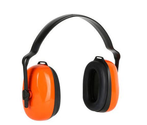Orange and black hearing protection earmuffs for woodworking safety