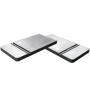 Cast iron router table wing extensions with miter slots on white background