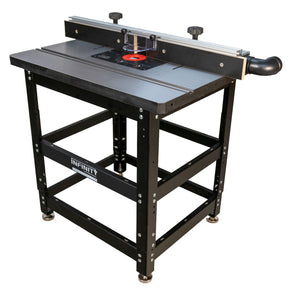 Cast iron router table package with steel frame stand and adjustable fence for woodworking
