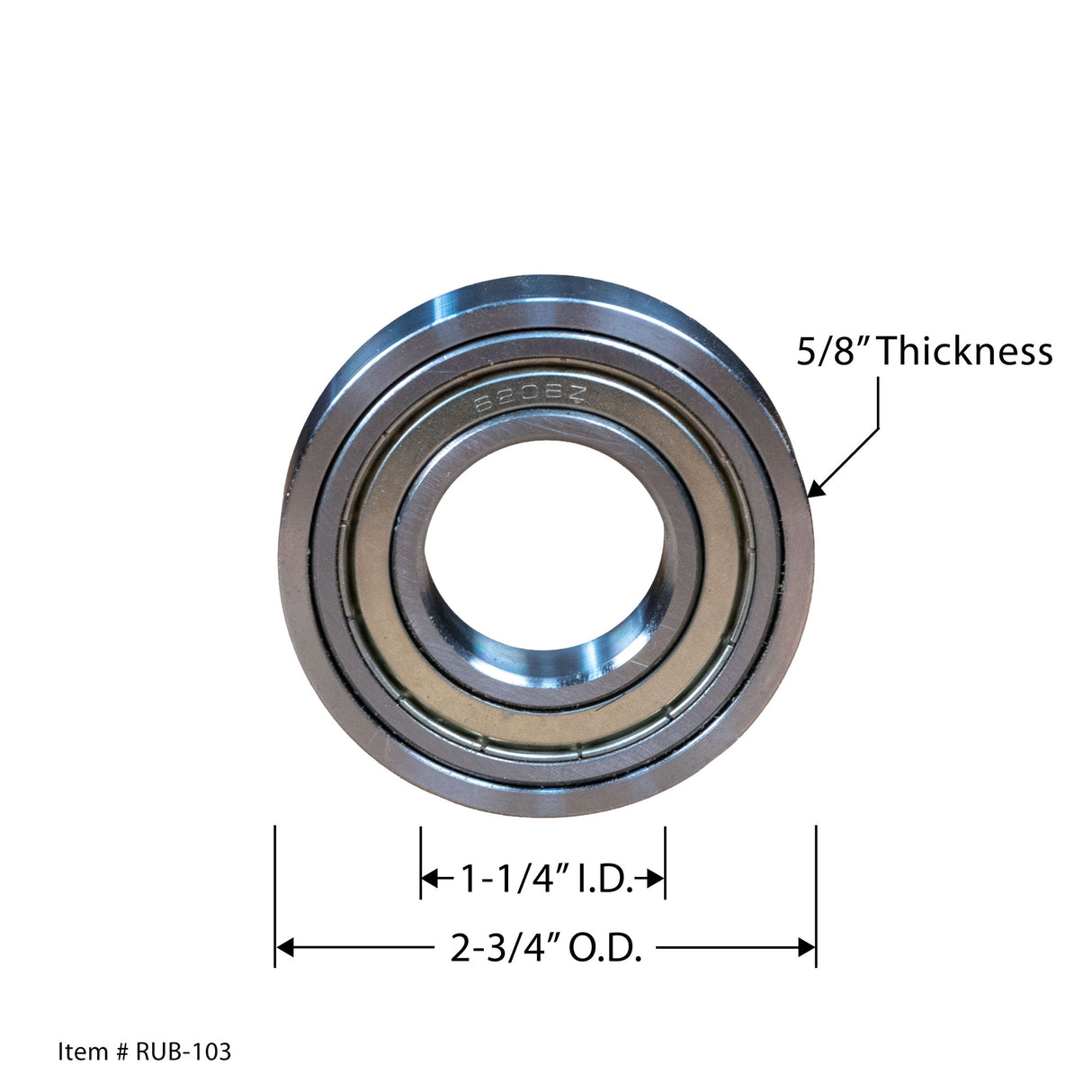 Steel ball bearing with 1-1/4 inch inner diameter, 2-3/4 inch outer diameter, 5/8 inch thickness