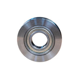 Close-up of a metal router bit bearing for woodworking tools on a white background.