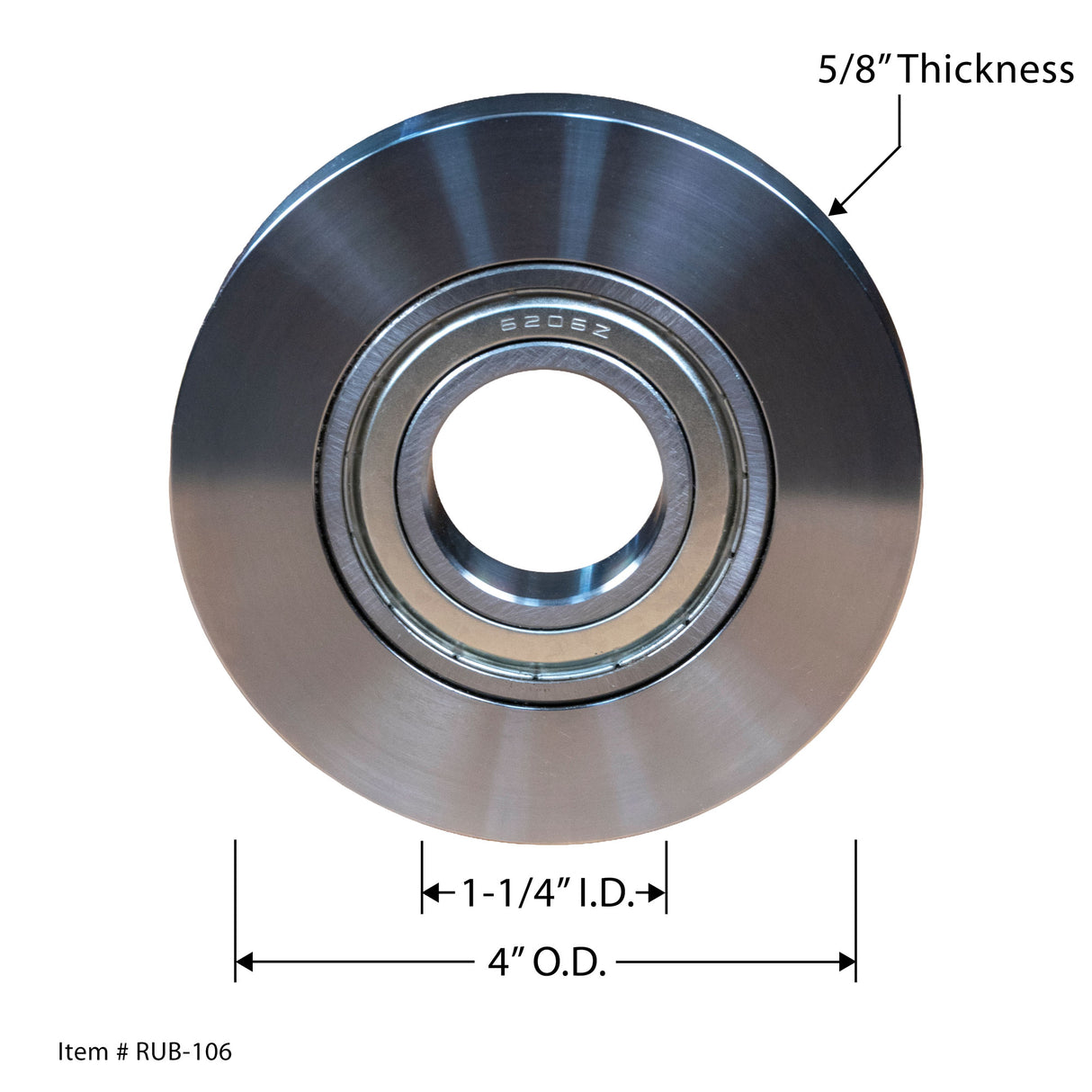 Steel router table bearing with 4 inch outer diameter, 1-1/4 inch inner diameter, and 5/8 inch thickness, shown with labeled dimensions.