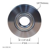 Steel router table bearing with 4 inch outer diameter, 1-1/4 inch inner diameter, and 5/8 inch thickness, shown with labeled dimensions.
