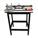 Router table package with adjustable fence, aluminum plate, and black metal frame for woodworking