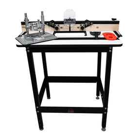 Router table package with adjustable fence, aluminum plate, and black metal frame for woodworking