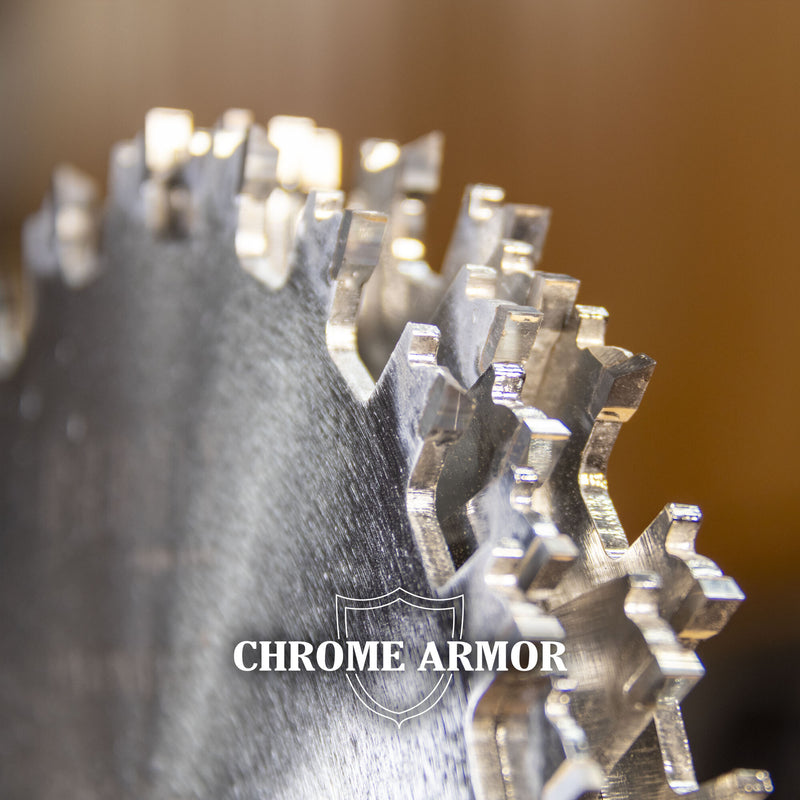 Close-up of a dado saw blade set with chrome armor logo on a blurred background.